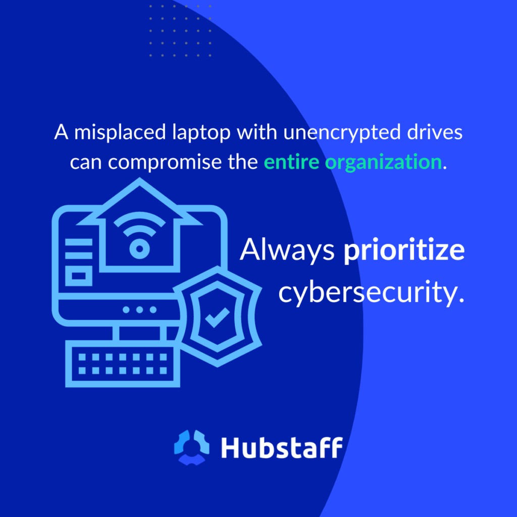 A misplaced laptop with encrypted information can compromise the entire organization.
Always prioritize cybersecurity